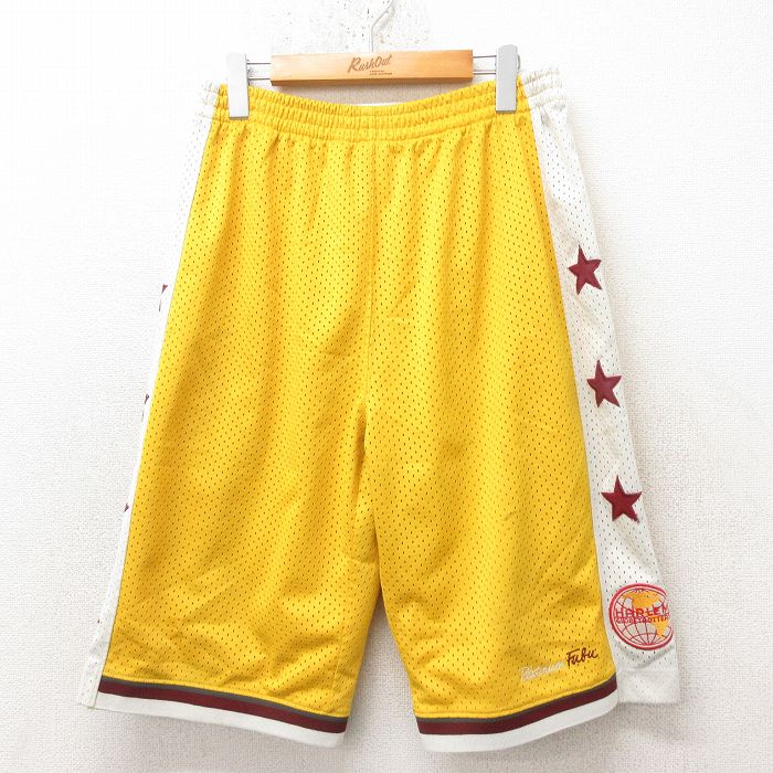 【20%OFF】W35★古着 フブ FUBU ショート トレーニング パンツ ショーツ メンズ メッシュ地 黄 イエロー 25jun13 中古 ボトムス 短パン ショーパン