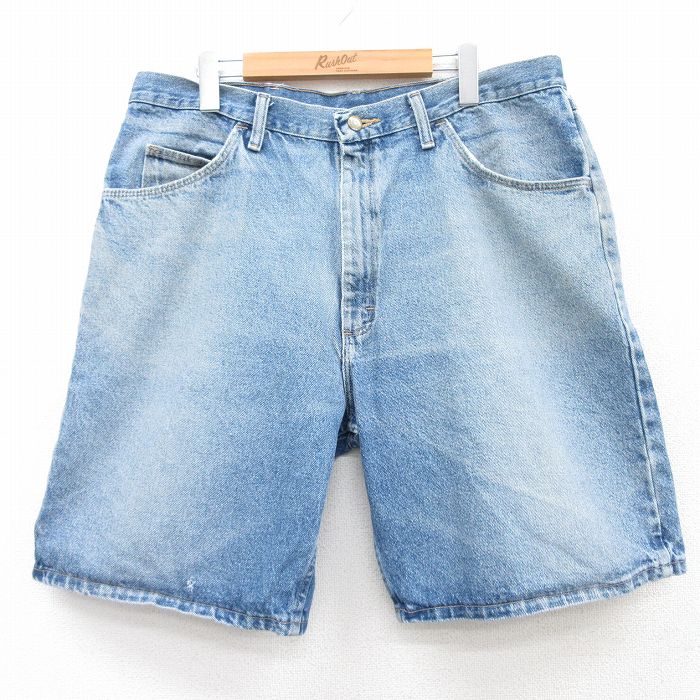 W36★古着 ラングラー Wrangler ショート パンツ ショーツ メンズ ヒゲ コットン 紺 ネイビー デニム 25jun14 中古 ボトムス 短パン ショーパン ハーフ