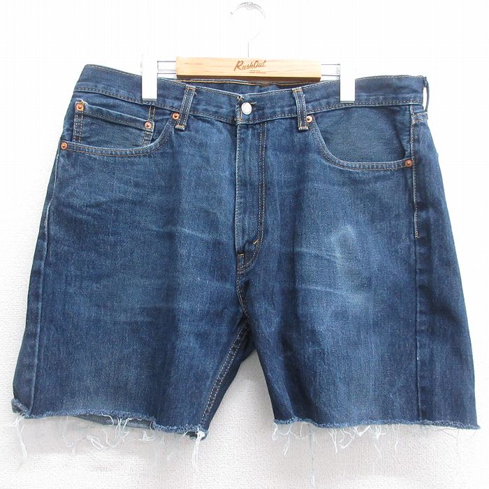 W38★古着 リーバイス Levis 505 ショート パンツ ショーツ メンズ ヒゲ コットン 濃紺 ネイビー デニム 【spe】 25jun14 中古 ボトムス 短パン ショーパン ハーフ