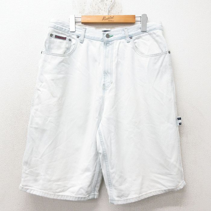 W35★古着 トミーヒルフィガー TOMMY HILFIGER トミージーンズ ブランド ショート ペインター パンツ ショーツ メンズ コットン 紺 ネイビー デニム 【spe】 25jun14 中古 ボトムス 短パン ショーパン