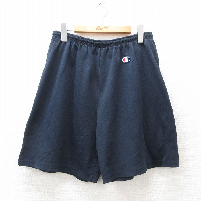 W33★古着 チャンピオン champion ショート イージー パンツ ショーツ メンズ 00年代 00s ワンポイントロゴ 紺 ネイビー 25jun17 中古 ボトムス 短パン ショーパン