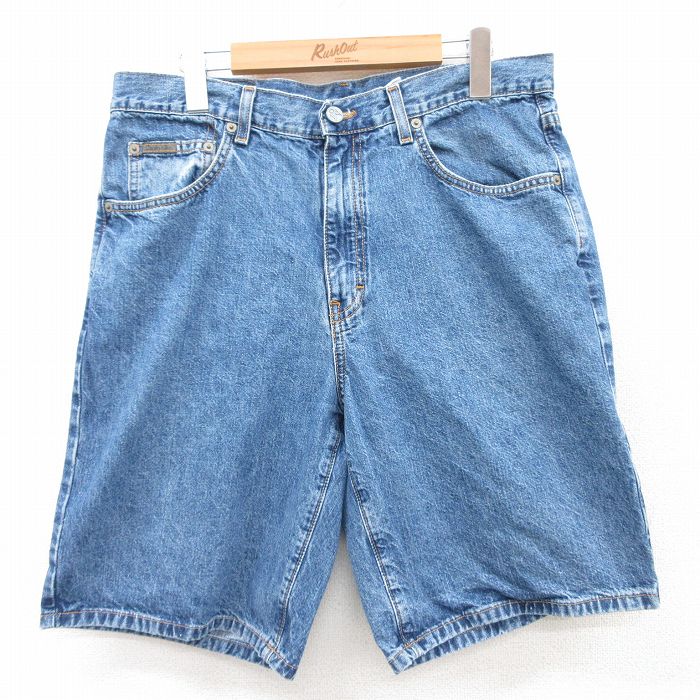 W33★古着 カルバンクライン Calvin Klein ショート パンツ ショーツ メンズ コットン USA製 紺 ネイビー デニム 【spe】 25jun17 中古 ボトムス 短パン ショーパン ハーフ