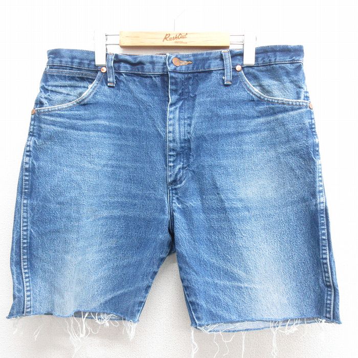 W36★古着 ラングラー Wrangler ショート パンツ ショーツ メンズ ヒゲ コットン 紺 ネイビー デニム 25jun17 中古 ボトムス 短パン ショーパン ハーフ