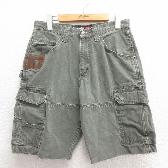 W31★古着 ラングラー Wrangler ショート ペインター カーゴ パンツ ショーツ メンズ ダック地 リップストップ 緑 グリーン 25jun17 中古 ボトムス 短パン ショーパン