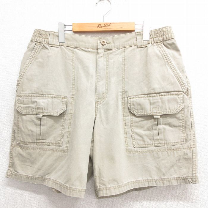 【20%OFF】W36★古着 ベーシックエディションズ ショート パンツ ショーツ メンズ ダック地 コットン 薄ベージュ カーキ 25jun17 中古 ボトムス 短パン ショーパン ハーフ