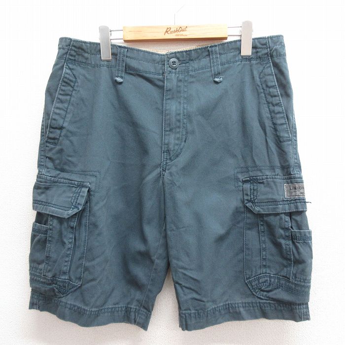 W34★古着 ユニオンベイ ショート カーゴ パンツ ショーツ メンズ コットン 紺 ネイビー 25jun18 中古 ボトムス 短パン ショーパン