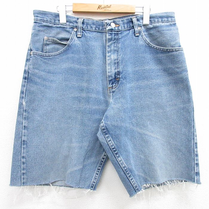 W36★古着 ラングラー Wrangler ショート パンツ ショーツ メンズ ヒゲ 紺 ネイビー デニム 25jun19 中古 ボトムス 短パン ショーパン ハーフ