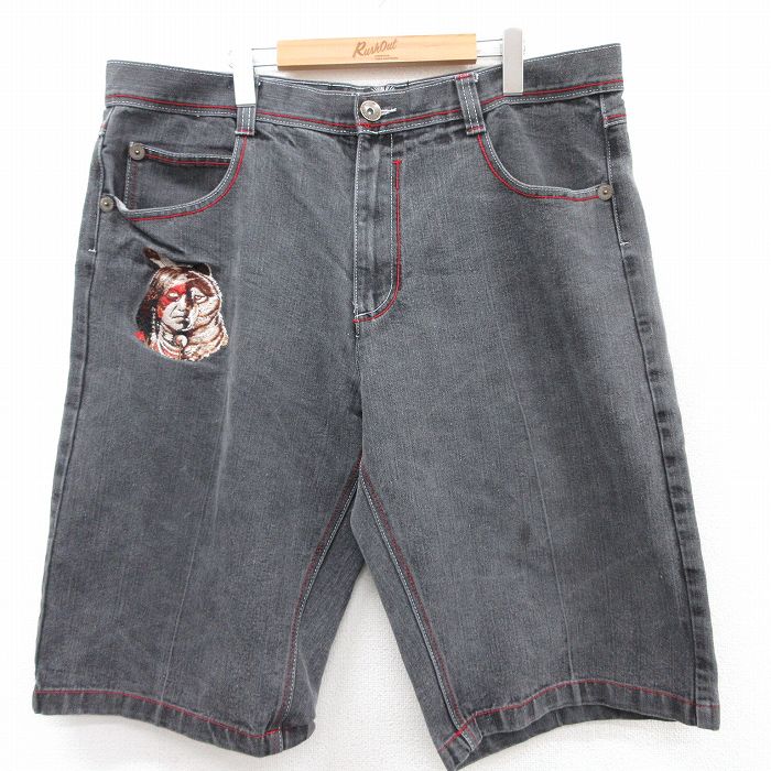 【50%OFF】W42★古着 ショート パンツ ショーツ メンズ インディアン オオカミ 大きいサイズ 黒 ブラック デニム他 25jun18 中古 ボトムス 短パン ショーパン ハーフ