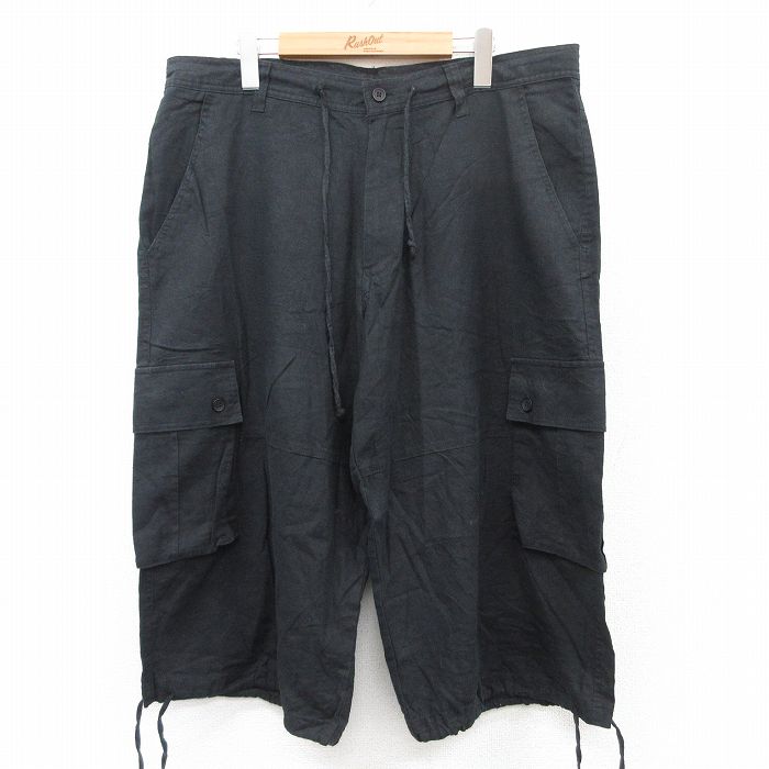 W38★古着 ショート カーゴ パンツ ショーツ メンズ リネン 黒 ブラック 25jun18 中古 ボトムス 短パン ショーパン