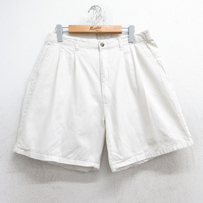 W32★古着 ベーシックエディションズ ショート パンツ ショーツ メンズ 90年代 90s コットン 薄ベージュ カーキ 25jun19 中古 ボトムス 短パン ショーパン ハーフ