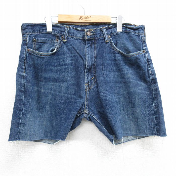 W36★古着 リーバイス Levis 505 ショート パンツ ショーツ メンズ ヒゲ コットン 紺 ネイビー デニム 25jun21 中古 ボトムス 短パン ショーパン ハーフ