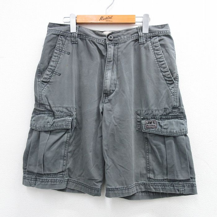 W33★古着 リーバイス Levis ショート カーゴ パンツ ショーツ メンズ コットン 濃緑系 グリーン 25jun23 中古 ボトムス 短パン ショーパン