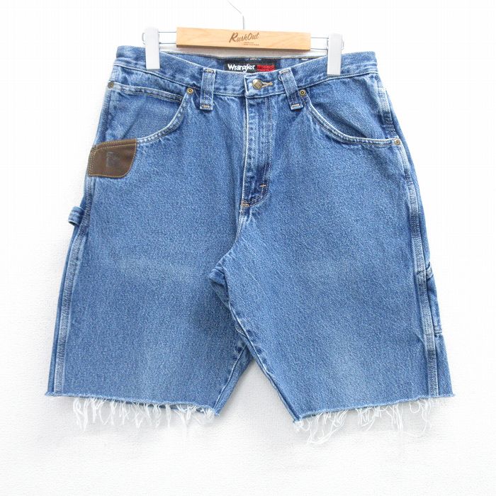 W32★古着 ラングラー Wrangler ショート ペインター パンツ ショーツ メンズ コットン 紺 ネイビー デニム 25jun23 中古 ボトムス 短パン ショーパン