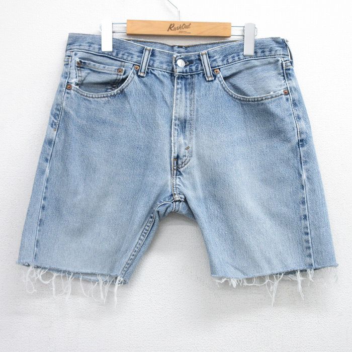 W34★古着 リーバイス Levis 505 ショート パンツ ショーツ メンズ ヒゲ コットン 紺 ネイビー デニム 25jun23 中古 ボトムス 短パン ショーパン ハーフ