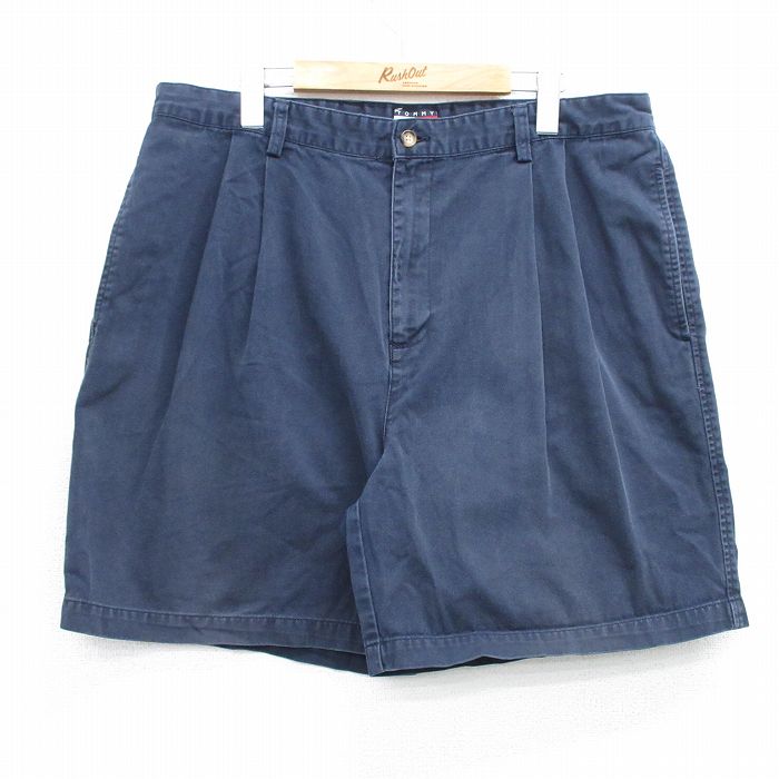 W38★古着 トミーヒルフィガー TOMMY HILFIGER ブランド ショート チノ パンツ ショーツ チノパン メンズ 90年代 90s ワンポイントロゴ コットン 紺 ネイビー 25jun23 中古 ボトムス 短パン ショーパン
