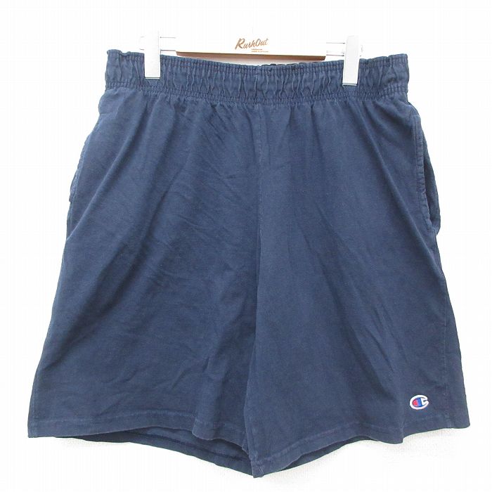 W36★古着 チャンピオン Champion ショート イージー パンツ ショーツ メンズ ワンポイントロゴ コットン 紺 ネイビー 25jun23 中古 ボトムス 短パン ショーパン