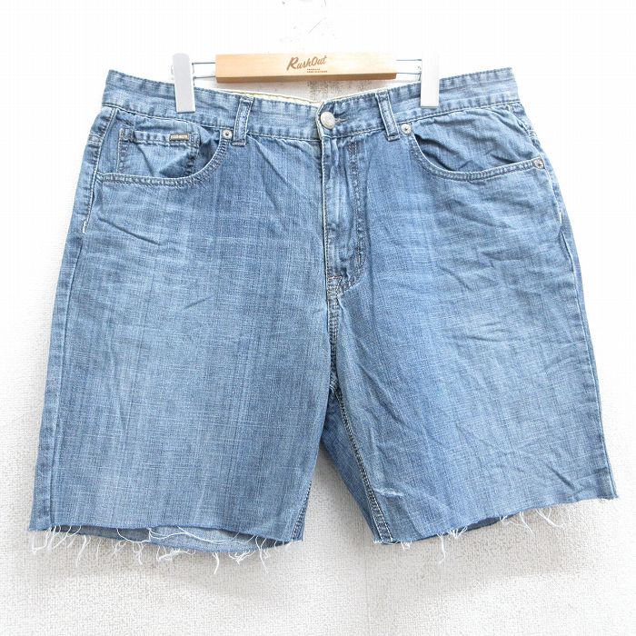 W35★古着 ショート パンツ ショーツ メンズ ヒゲ コットン 紺 ネイビー デニム 25jun25 中古 ボトムス 短パン ショーパン ハーフ