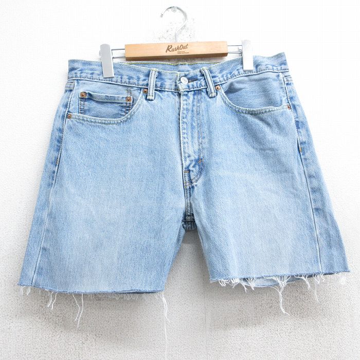 W34★古着 リーバイス Levis 505 ショート パンツ ショーツ メンズ ヒゲ コットン 薄紺 ネイビー デニム 25jun25 中古 ボトムス 短パン ショーパン ハーフ