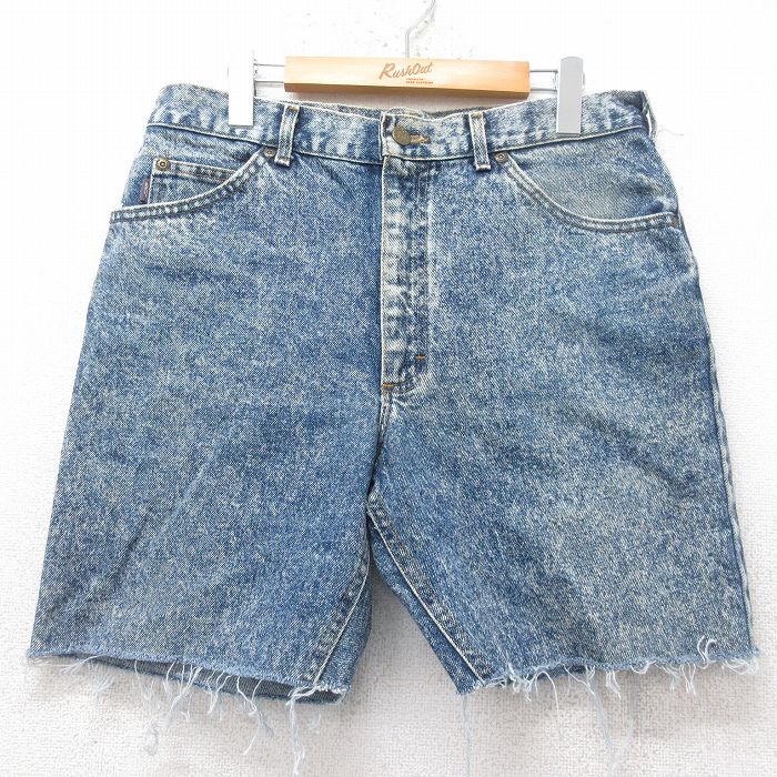 W33★古着 ショート パンツ ショーツ メンズ 90年代 90s ケミカルウォッシュ コットン USA製 紺 ネイビー デニム 25jun26 中古 ボトムス 短パン ショーパン ハーフ