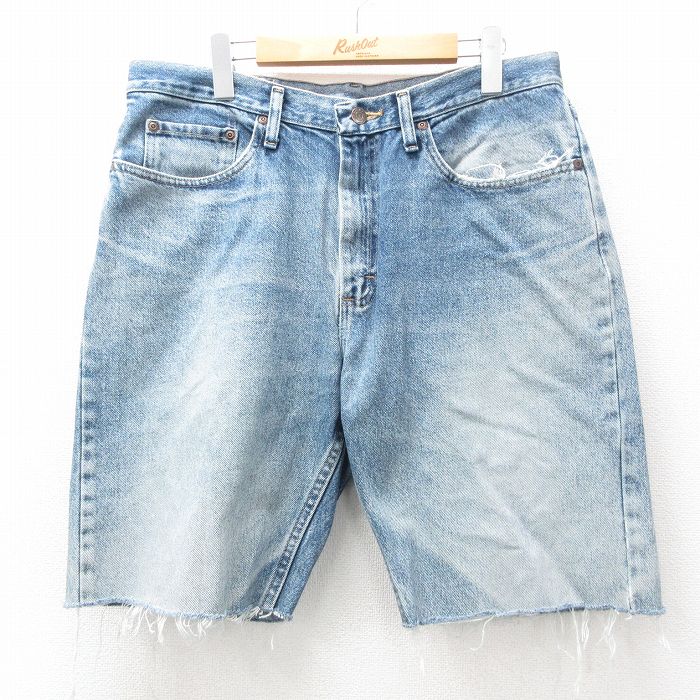 W34★古着 ラングラー Wrangler ショート パンツ ショーツ メンズ ヒゲ コットン 紺 ネイビー デニム 25jun27 中古 ボトムス 短パン ショーパン ハーフ