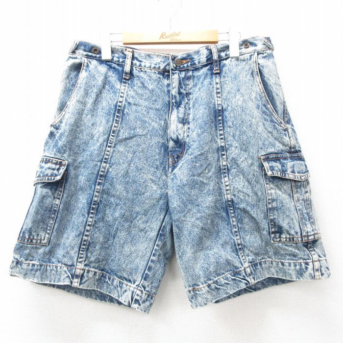 W35★古着 ショート カーゴ パンツ ショーツ メンズ ケミカルウォッシュ コットン 紺 ネイビー デニム 【spe】 25jun27 中古 ボトムス 短パン ショーパン