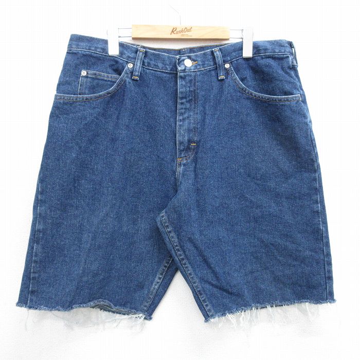 W36★古着 ラングラー Wrangler ショート パンツ ショーツ メンズ コットン 濃紺 ネイビー デニム 25jun28 中古 ボトムス 短パン ショーパン ハーフ