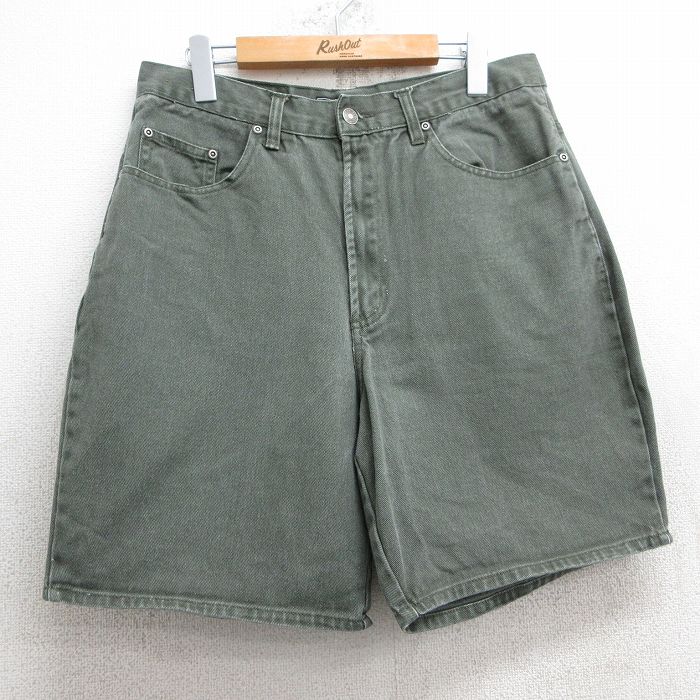 W32★古着 ルート66 ショート パンツ ショーツ メンズ 00年代 00s コットン 濃緑 グリーン デニム 25jul01 中古 ボトムス 短パン ショーパン ハーフ