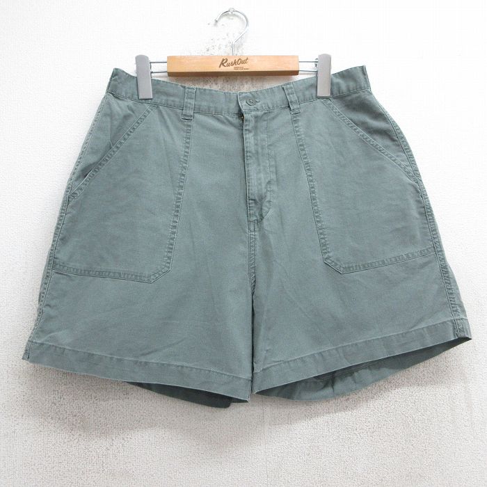 W35★古着 ショート ベイカー パンツ ショーツ メンズ 90年代 90s コットン 薄緑 グリーン 25jul02 中古 ボトムス 短パン ショーパン