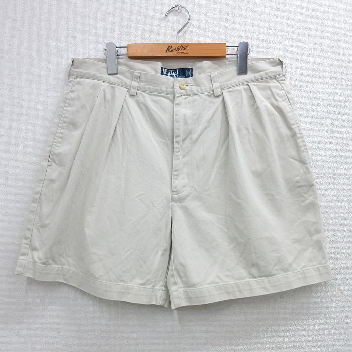 W35★古着 ラルフローレン Ralph Lauren ショート ブランド チノ パンツ チノパン ショーツ メンズ 90年代 90s ワンポイントロゴ ANDREW コットン 薄ベージュ カーキ 25jul02 中古 ボトムス 短パン ショーパン