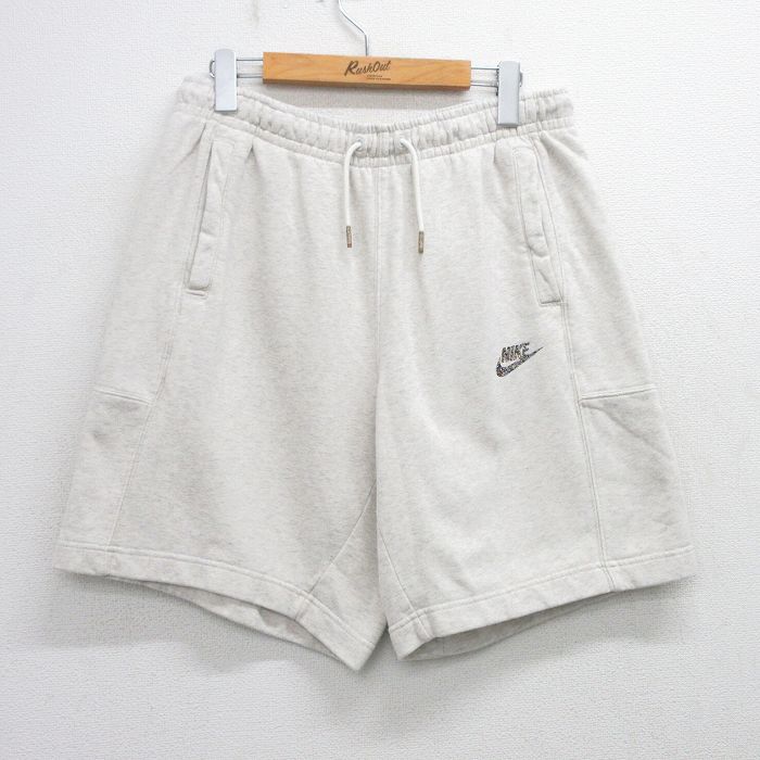 W34★古着 ナイキ NIKE ショート スウェット パンツ ショーツ メンズ ワンポイントロゴ 薄グレー 霜降り 25jul03 中古 ボトムス 短パン ショーパン