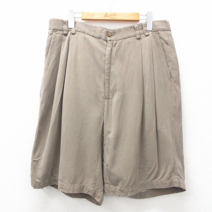 W33★古着 ショート パンツ ショーツ メンズ シルク 濃ベージュ カーキ 25jul04 中古 ボトムス 短パン ショーパン ハーフ