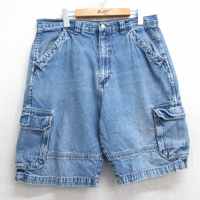 W36★古着 ラングラー Wrangler ショート カーゴ パンツ ショーツ メンズ 紺 ネイビー デニム 【spe】 25jul05 中古 ボトムス 短パン ショーパン