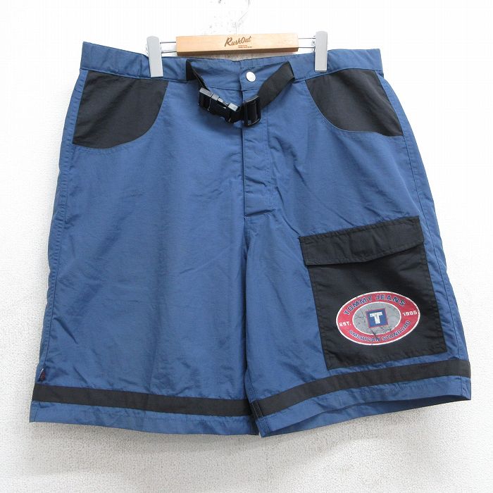 W40古着 トミーヒルフィガー TOMMY HILFIGER トミージーンズ ブランド ショート ナイロン パンツ ショーツ メンズ ワンポイントロゴ 大きいサイズ 薄紺 ネイビー 25jul05 中古 ボトムス 短パン ショーパン