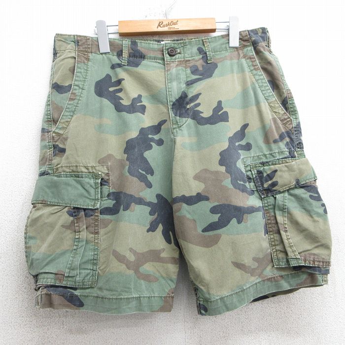 W34★古着 ギャップ GAP ショート カーゴ パンツ ショーツ メンズ 00年代 00s ウッドランドカモ コットン 濃緑 グリーン 迷彩 25jul05 中古 ボトムス 短パン ショーパン