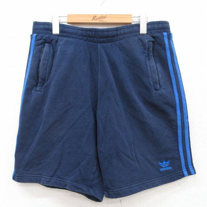 W35★古着 アディダス adidas ショート スウェット パンツ ショーツ メンズ ワンポイントロゴ リーフ トレフォイル コットン 紺他 ネイビー 3本ライン 25jul05 中古 ボトムス 短パン ショーパン