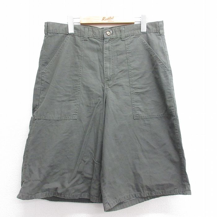 W34★古着 ディッキーズ Dickies ハーフ ベイカー パンツ ショーツ メンズ リップストップ コットン 濃緑系 グリーン 【spe】 25jul07 中古 ボトムス 短パン ショーパン