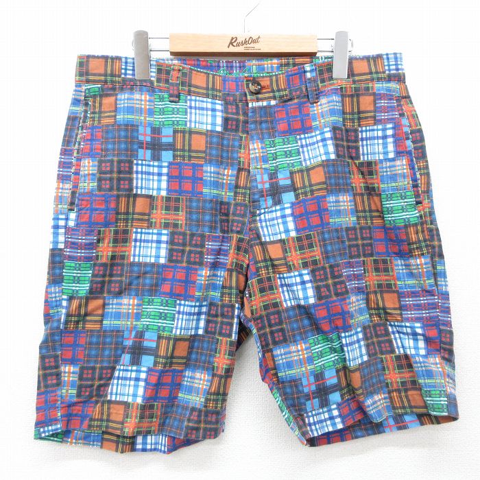 W34★古着 ショート パンツ ショーツ メンズ リネン 紺他 ネイビー チェック 25jul07 中古 ボトムス 短パン ショーパン ハーフ