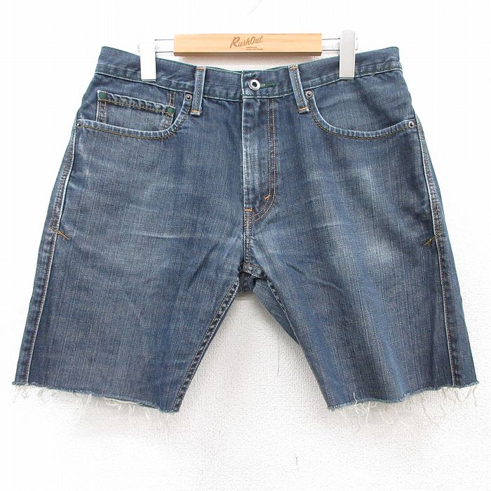 W33★古着 リーバイス Levis ショート パンツ ショーツ メンズ ヒゲ コットン 紺 ネイビー デニム 25jul08 中古 ボトムス 短パン ショーパン ハーフ