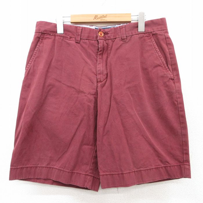 W35★古着 トミーヒルフィガー TOMMY HILFIGER ブランド ショート パンツ ショーツ メンズ ワンポイントロゴ コットン エンジ 25jul08 中古 ボトムス 短パン ショーパン ハーフ