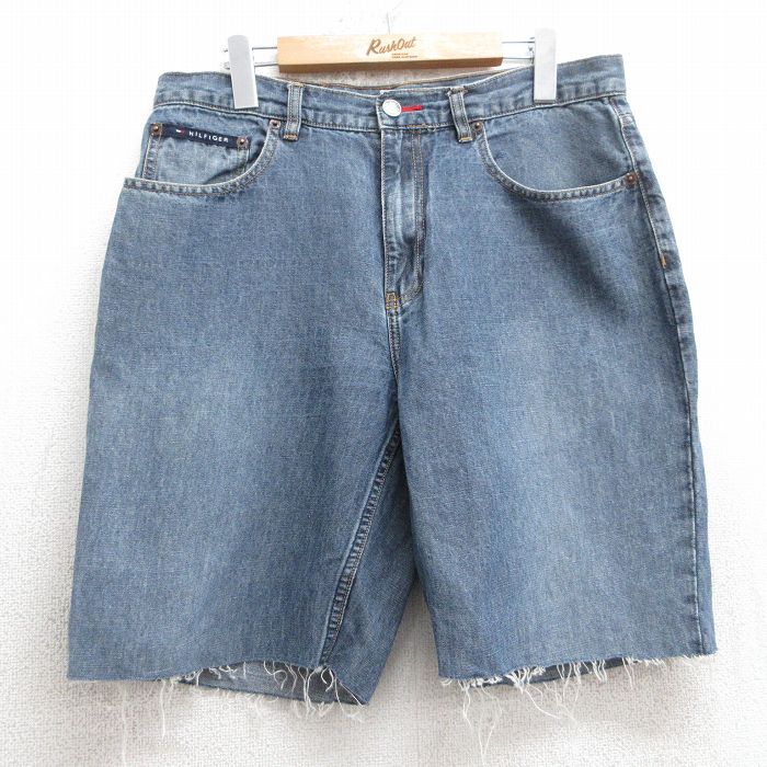 【50%OFF】W33★古着 トミーヒルフィガー TOMMY HILFIGER ブランド ショート パンツ ショーツ メンズ ワンポイントロゴ リネン 紺 ネイビー デニム 25jul08 中古 ボトムス 短パン ショーパン ハーフ
