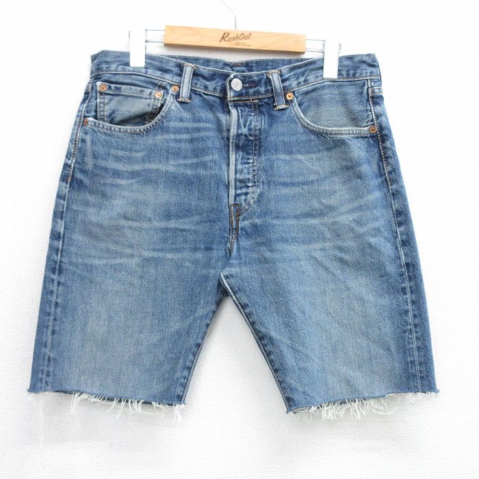 W32★古着 リーバイス Levis 501 ショート パンツ ショーツ メンズ ヒゲ 紺 ネイビー デニム 25jul09 中古 ボトムス 短パン ショーパン ハーフ