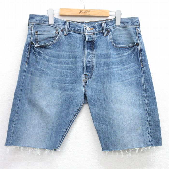 【20%OFF】W34★古着 リーバイス Levis 501 ショート パンツ ショーツ メンズ ヒゲ コットン 紺 ネイビー デニム 25jul09 中古 ボトムス 短パン ショーパン ハーフ