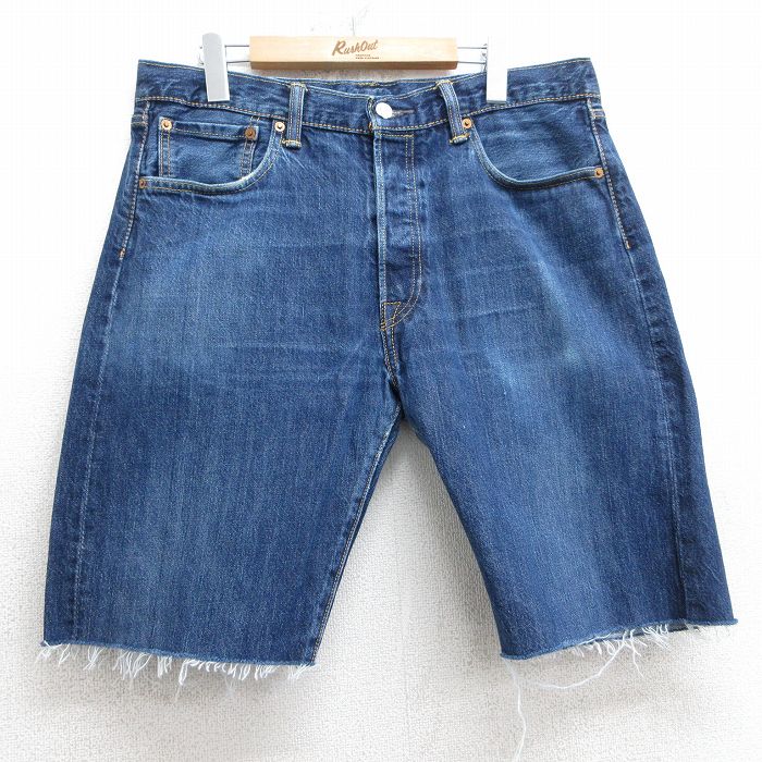 W36★古着 リーバイス Levis 501 ショート パンツ ショーツ メンズ ヒゲ コットン 紺 ネイビー デニム 25jul09 中古 ボトムス 短パン ショーパン ハーフ