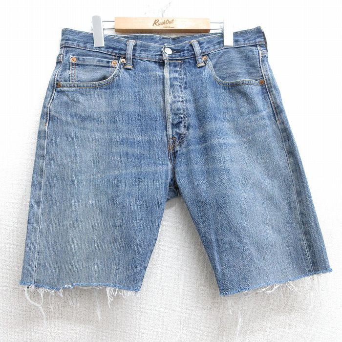 W35★古着 リーバイス Levis 501 ショート パンツ ショーツ メンズ ヒゲ コットン 紺 ネイビー デニム 25jul09 中古 ボトムス 短パン ショーパン ハーフ