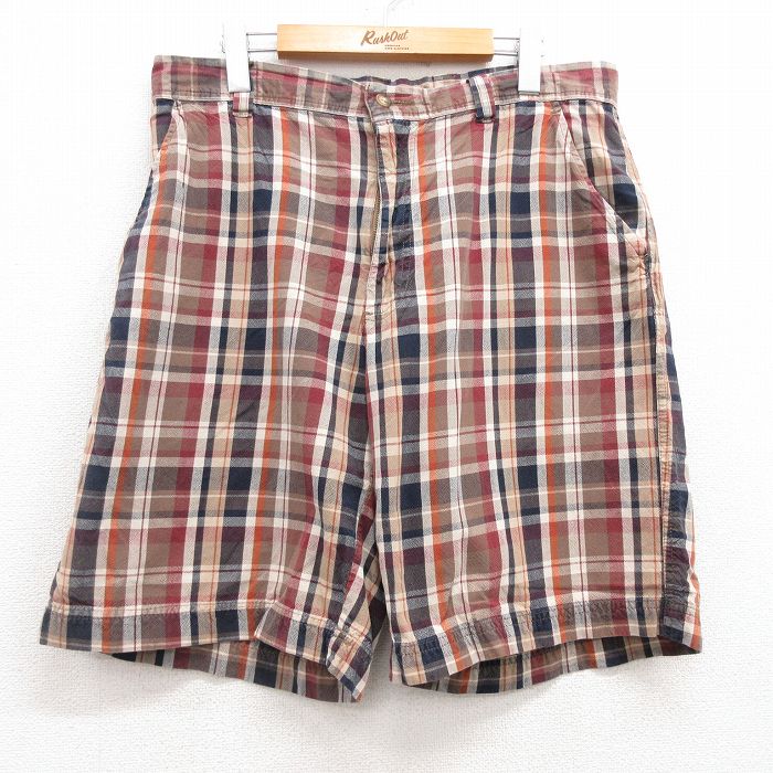 W35★古着 セントジョンズベイ ショート パンツ ショーツ メンズ コットン ベージュ系他 カーキ チェック 25jul09 中古 ボトムス 短パン ショーパン ハーフ