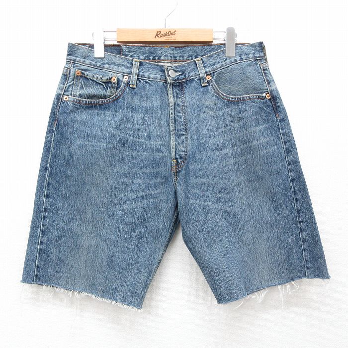 【20%OFF】W33★古着 リーバイス Levis 501 ショート パンツ ショーツ メンズ ヒゲ コットン 紺 ネイビー デニム 25jul10 中古 ボトムス 短パン ショーパン ハーフ