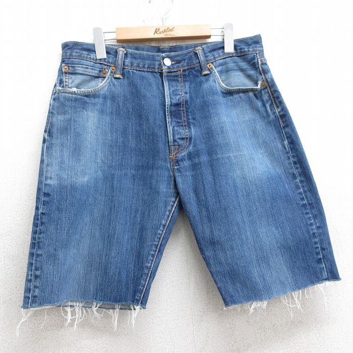 【20%OFF】W34★古着 リーバイス Levis 501 ショート パンツ ショーツ メンズ ヒゲ コットン 紺 ネイビー デニム 25jul09 中古 ボトムス 短パン ショーパン ハーフ