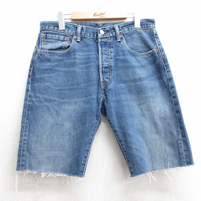 W32★古着 リーバイス Levis 501 ショート パンツ ショーツ メンズ ヒゲ 紺 ネイビー デニム 25jul10 中古 ボトムス 短パン ショーパン ハーフ