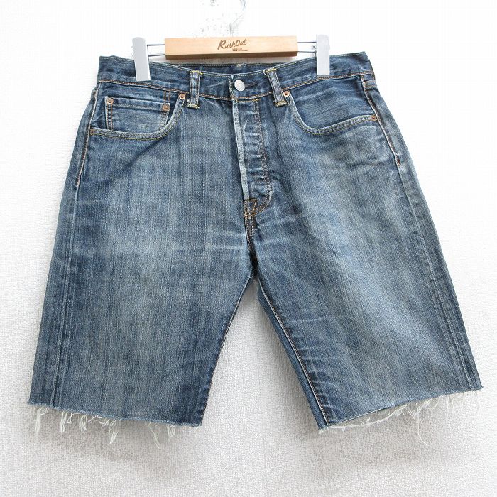 W33★古着 リーバイス Levis 501 ショート パンツ ショーツ メンズ ヒゲ コットン 紺 ネイビー デニム 25jul10 中古 ボトムス 短パン ショーパン ハーフ