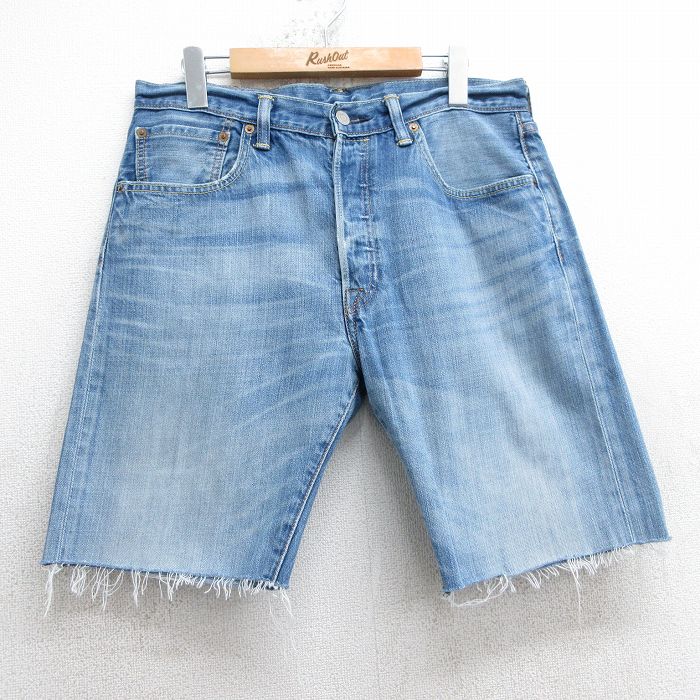 W33★古着 リーバイス Levis 501 ショート パンツ ショーツ メンズ ヒゲ コットン 紺 ネイビー デニム 25jul10 中古 ボトムス 短パン ショーパン ハーフ